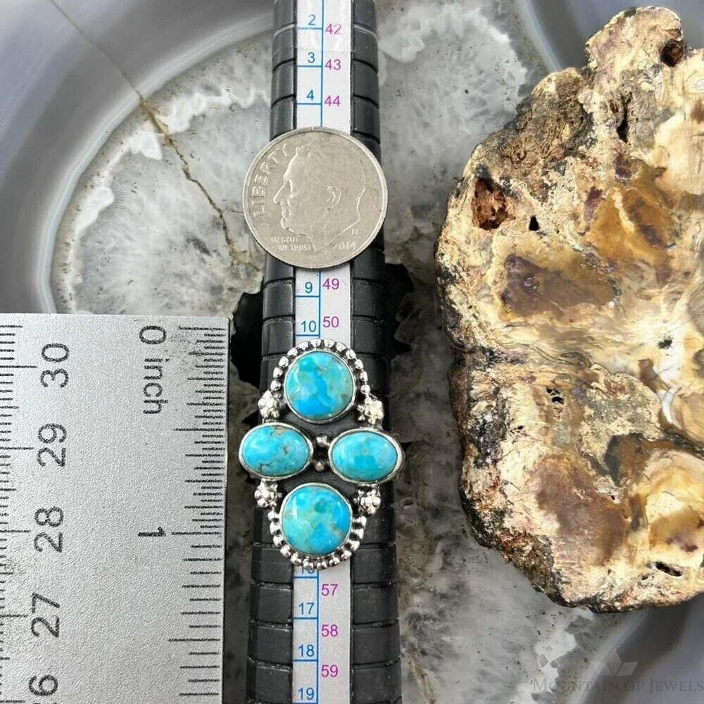 Sterling Southwestern Style Mohave Turquoise Cluster Ring Size 6.75 For Women